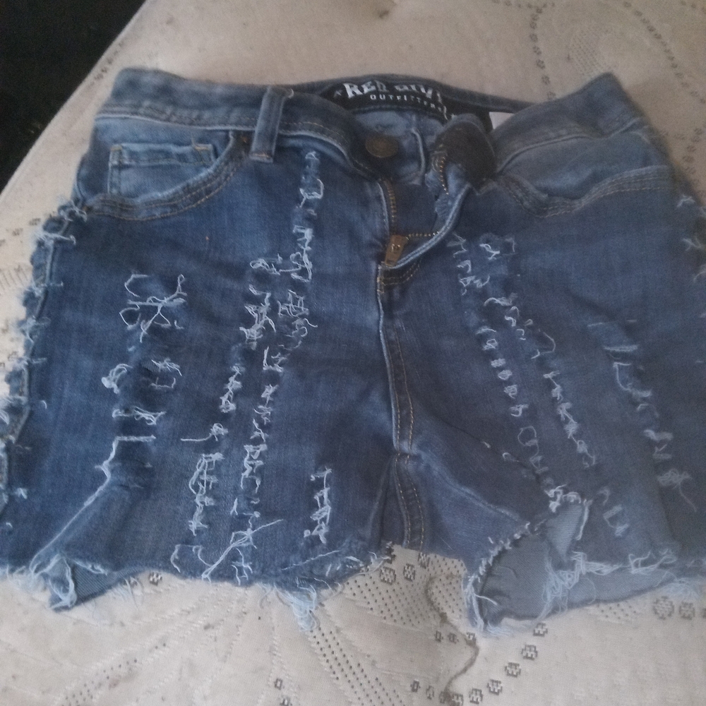 Blue Distressed Jean Shorts with Frayed Hem